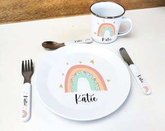 Kids Personalised Dinner Set - Cutlery set, Plate & Enamel Cup any name and design. Rainbows, Unicorns. Includes reusable cutlery case!