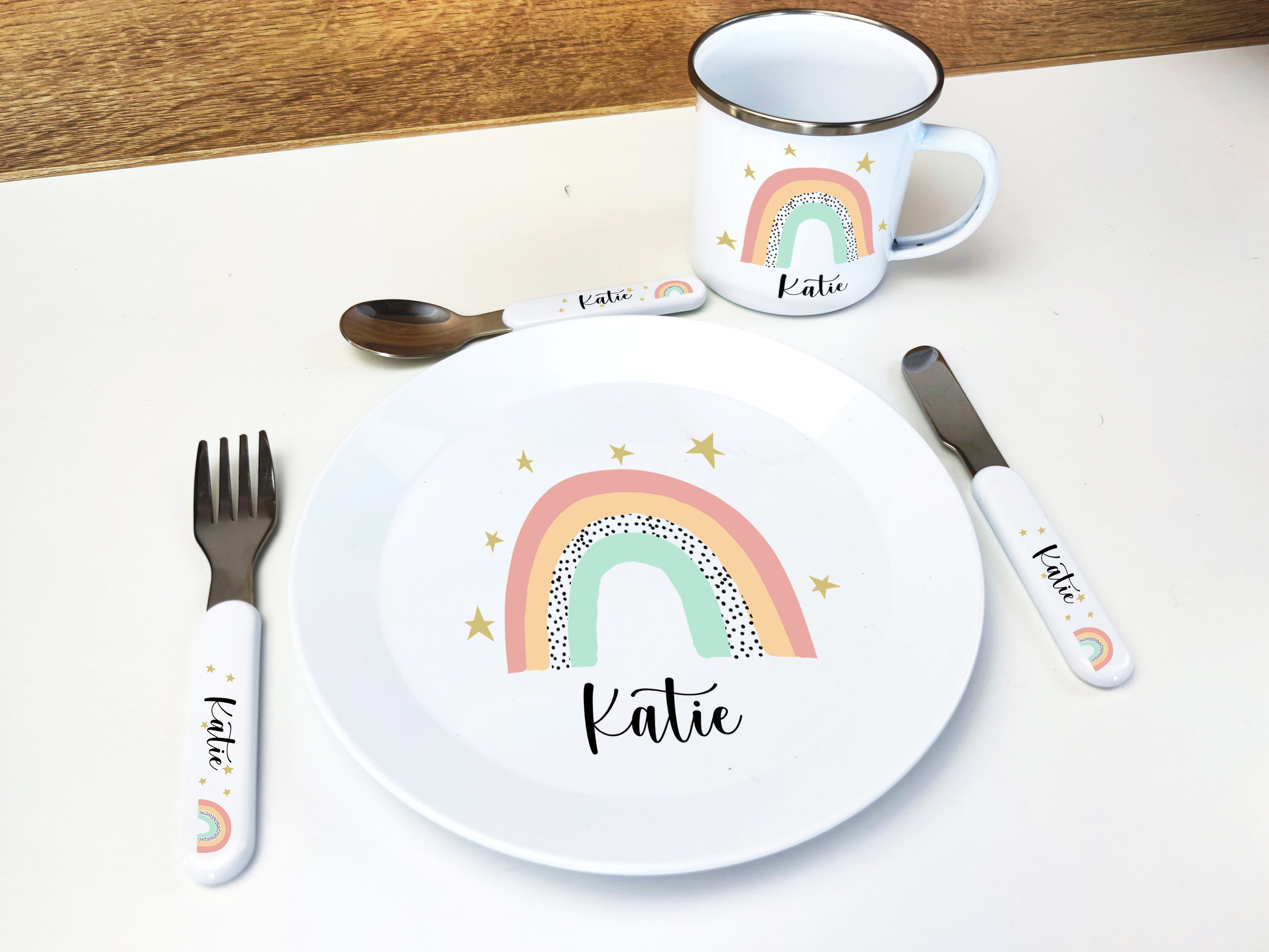 Kids Personalised Dinner Set Cutlery Set Plate Enamel Cup Any