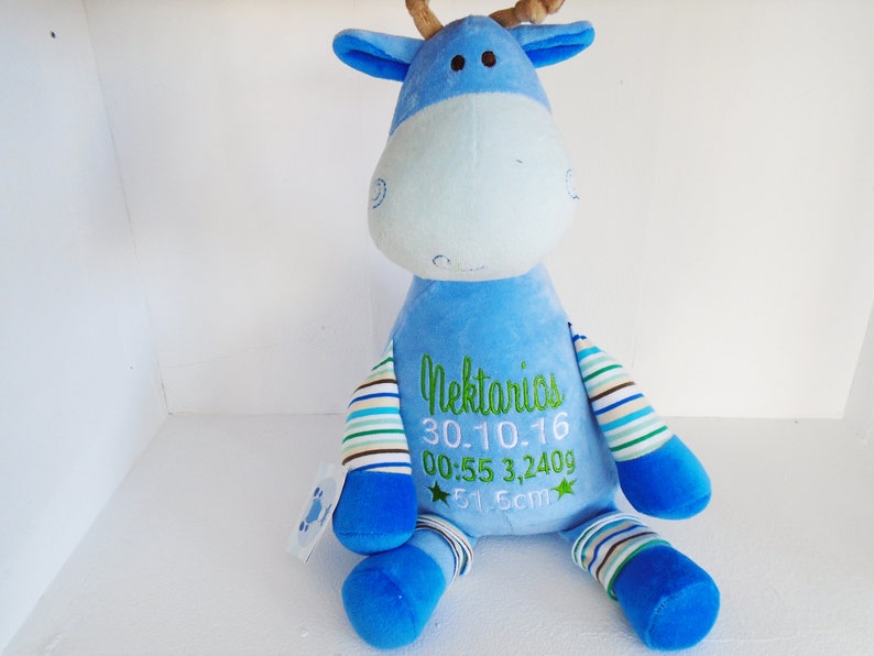 Giraffe New baby Personalised Embroidered Teddy Christening Blue Cubbies