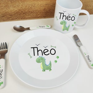Kids Personalised Dinner Set - Cutlery set, Plate & Cup any name and design. Dinosaurs