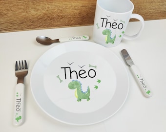 Vajilla infantil personalizada: juego de cubiertos, plato y taza con cualquier nombre y diseño. Dinosaurios