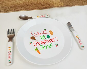 Juego de cena de primera Navidad personalizado: juego de cubiertos, plato y taza con cualquier nombre y diseño. Primera Navidad