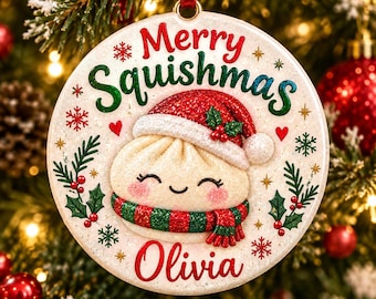 Personalised squishy dumpling ceramic Christmas ornament decoration, glitter Holiday Decor, viral christmas