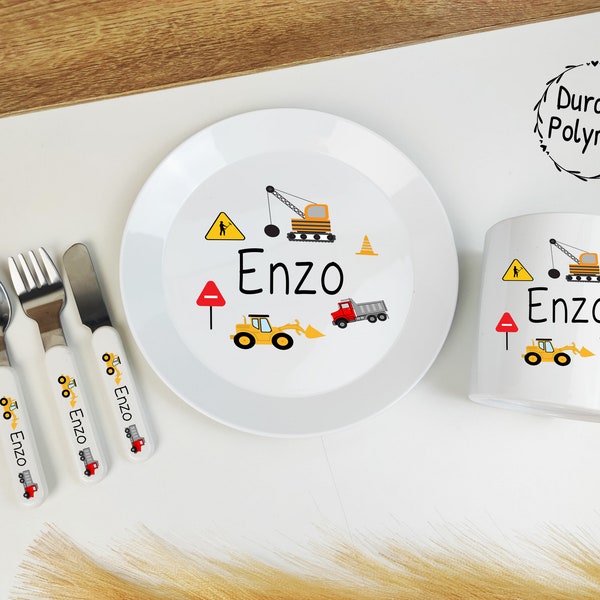 Kids Personalised Dinner Set - Cutlery set, Plate & Cup any name and design. Construction, Transport.