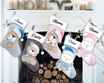 Personalised Christmas stocking embroidered, Pink, Blue or Grey knit stocking, babys first christmas, teddy name stocking, snowman stocking