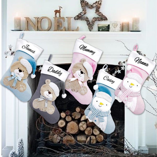 Personalised Christmas stocking embroidered, Pink, Blue or Grey knit stocking, babys first christmas, teddy name stocking, snowman stocking