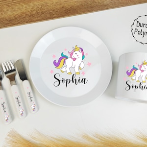 Kids Personalised Dinner Set - Cutlery set, Plate & Cup any name and design. Unicorn