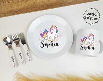 Kids Personalised Dinner Set - Cutlery set, Plate & Cup any name and design. Unicorn