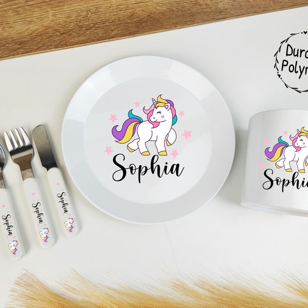 Kinder Personalisiertes Dinner Set - Besteck, Teller und Tasse mit jedem Namen und Design. Einhorn