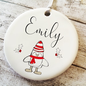 Personalised Red penguin bauble, Christmas Ornament with names , Holiday Decor, Christmas Gift Keepsake