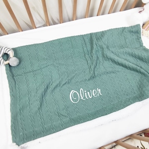 Personalised embroidered baby cable knit blanket with pom poms -name embroidery with soft sherpa backing- various colours available