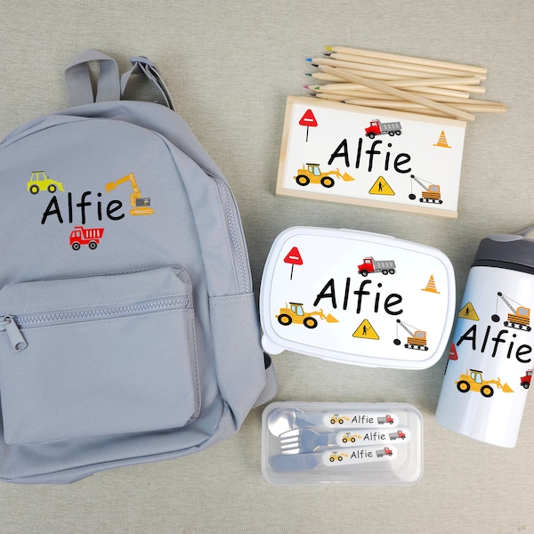 Back to School embroidered backpack bundle with personalised water bottle, pencil box, backpack, cutlery set and  lunchbox - Construction