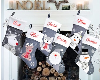 Embroidered with a name Personalised Grey Checked Penguin Christmas Felt Christmas Stocking with check design