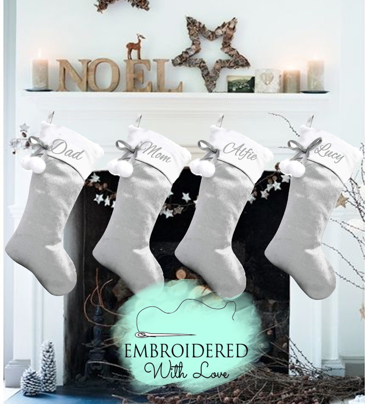 Personalised Grey Velvet Christmas Stocking Embroidered, Pom Stocking, Traditional Name Silver Personalised