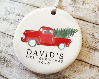 Personalised Red Truck Car with Tree ornament bauble, Name Gift, First Christmas, First Christmas as a big brother, christmas decor movies