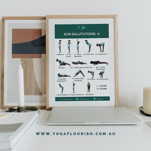 May include: A printable poster with a green background and white text that says "Sun Salutations - A". The poster shows a series of yoga poses with a person in each pose. The poses are labeled with numbers and names. The poster also includes the text "I = Inhale, E = Exhale".