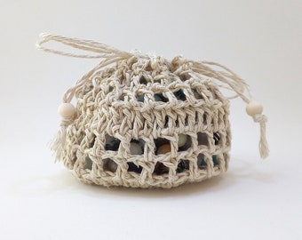 100% natural hemp pouch, crochet, diameter 8 to 9 cm, jewelry storage, crystals