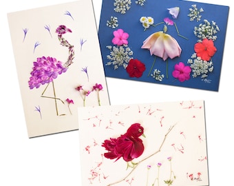 3 cartes postales fleurs séchées, photos fille et oiseaux avec des pétales de fleurs, lot de 3 cartes postales fleurs,  postcrossing, cards,