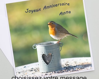 Carte anniversaire oiseau coeur , le rouge-gorge , carte message oiseau et coeur, carte de voeux personnalisable, carte prenom oiseau,