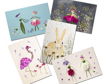 5 postales de flores secas, niña, pareja, conejo, pájaro con pétalos de flores, juego de postales de flores, postales de flores,