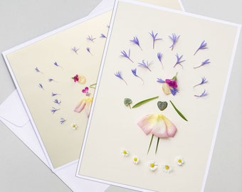 2 bloemblaadjes wenskaarten, bloemblaadjesmeisjes, gedroogde bloemen, botanisch, plantenkunst, mooie bloemenkaart,