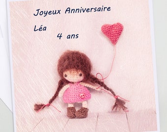 Personalized girl's birthday card photo wool doll little pink heart, greeting card for little girl, child greeting card,