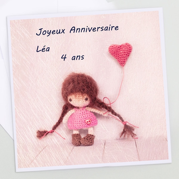 Carte anniversaire fille personnalisée photo poupée de laine petit coeur rose, carte de voeux pour petite fille, carte de voeux enfant,