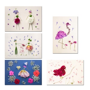 5 dried flower postcards, girl, couple and birds with flower petals, set of 5 flower postcards, flower postcards,