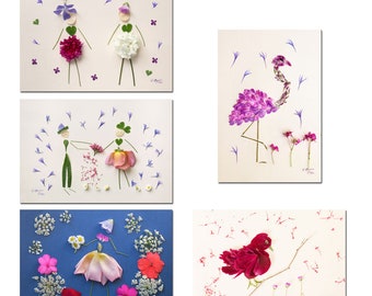 5 cartes postales fleurs sechees,  fille, couple et oiseaux avec des pétales de fleurs, lot de 5 cartes postales fleurs, flower postcards,