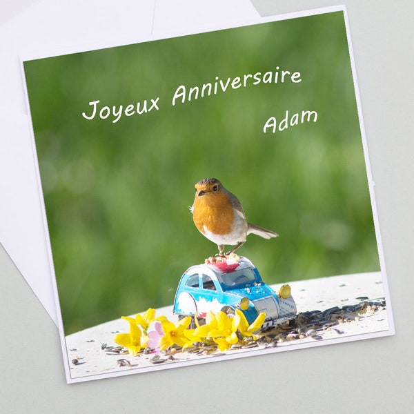 Carte anniversaire oiseau personnalisable, carte prenom, rouge-gorge, carte anniversaire voiture, carte de voeux originale,