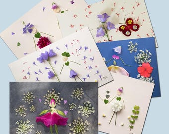 6 cartes postales fleurs sechees,  fille, couple , avec des pétales de fleurs, lot de 6 cartes postales fleurs, decoration murale chambre,