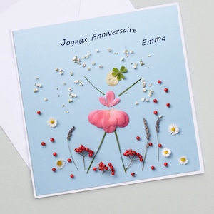 Carte anniversaire personnalisée fleur seche, PHOTO de petales de camelia, prénom, anniversaire personnalisable, jolie carte,