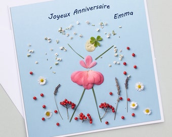 Carte anniversaire personnalisée fleur seche, PHOTO de petales de camelia, prénom, anniversaire personnalisable, jolie carte,