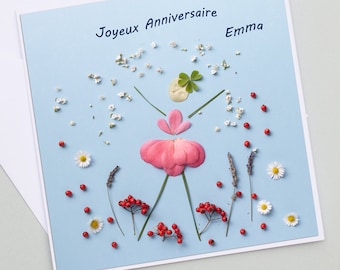 Carte anniversaire personnalisée fleur seche, PHOTO de petales de camelia, prénom, anniversaire personnalisable, jolie carte,