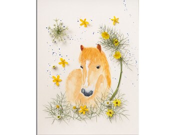 Portrait poney, impression aquarelle poney avec des fleurs , decoration chambre enfant, IMPRESSION aquarelle cheval, poney,