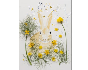 Portrait lapin et fleur, impression aquarelle lapin avec des fleurs , decoration chambre enfant, IMPRESSION aquarelle lapin,