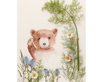 Teddy bear portrait, teddy bear watercolor print with flowers, child's room decoration, small animal watercolor PRINT,