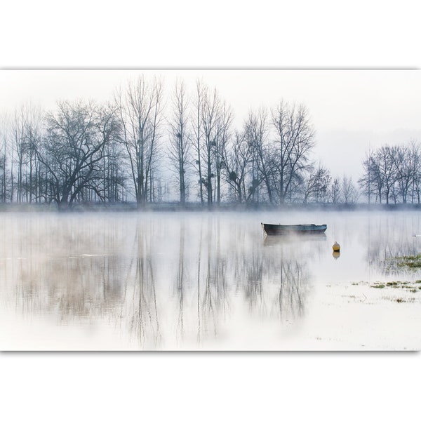 Zen landscape photography a boat on the river, Loire landscape, river, boat, fisherman, countryside and river decor, water atmosphere,