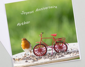Bird and bike birthday card, pretty robin photo birthday card, customizable card for sports and bike lovers,