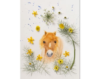 Portrait poney, impression aquarelle poney avec des fleurs , decoration chambre enfant, IMPRESSION aquarelle poney, cheval, animal,