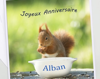 A pretty first name birthday card, first name squirrel photo on its bowl, birthday card, happy birthday,