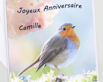 Carte  Joyeux anniversaire oiseau, personnalisée, carte anniversaire oiseau rouge-gorge, photo oiseau, photo nature,