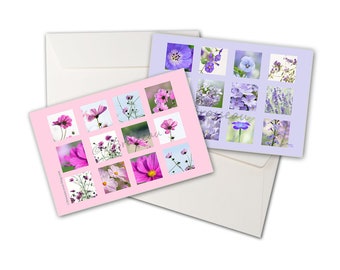 2 cartes de voeux fleurs roses et fleurs mauves, cartes de voeux photos de fleur, fleurs de jardin, carte anniversaire, cadeau jardinier,