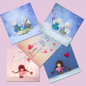 Set de 5 jolies cartes postales pour enfant, petits animaux en laine et poupée de laine et coeur pour enfants, decoration chambre bebe,