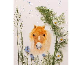 Portrait poney, impression aquarelle poney avec des fleurs , decoration chambre enfant, IMPRESSION aquarelle poney, cheval, animal,