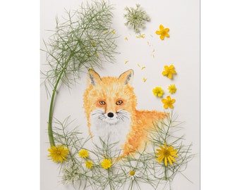 Portrait renard, impression aquarelle  renard avec des fleurs , decoration chambre enfant, IMPRESSION aquarelle  renard, impression animal,