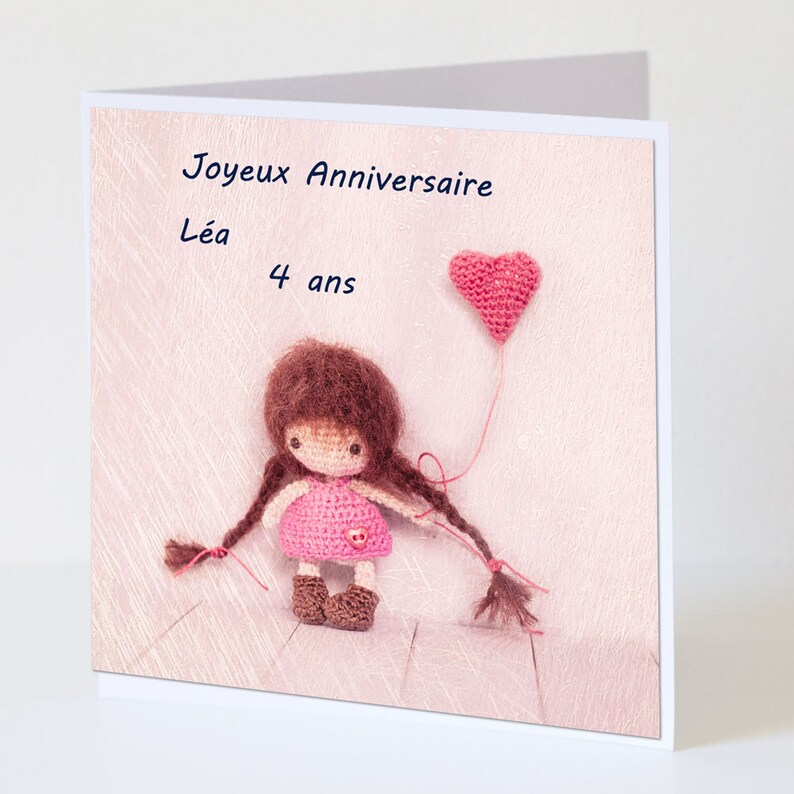 Carte anniversaire fille personnalisée photo poupée de laine petit coeur rose, carte de voeux pour petite fille, carte de voeux enfant, image 3