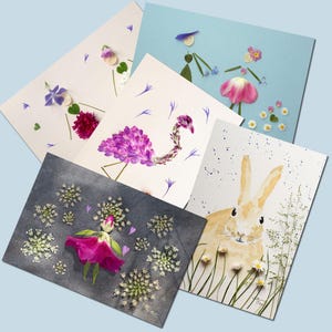 5 cartes postales fleurs sechees,  fille, couple , lapin, oiseau avec des pétales de fleur, lot de cartes postales fleurs, flower postcards,