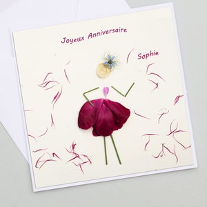 Carte anniversaire pétale de fleur de pivoine, impression de fleur, carte anniversaire personnalisable,  prénom et âge,