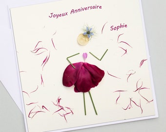 Carte anniversaire petale de fleur de pivoine, impression de fleur, carte anniversaire personnalisable,  prenom et age,